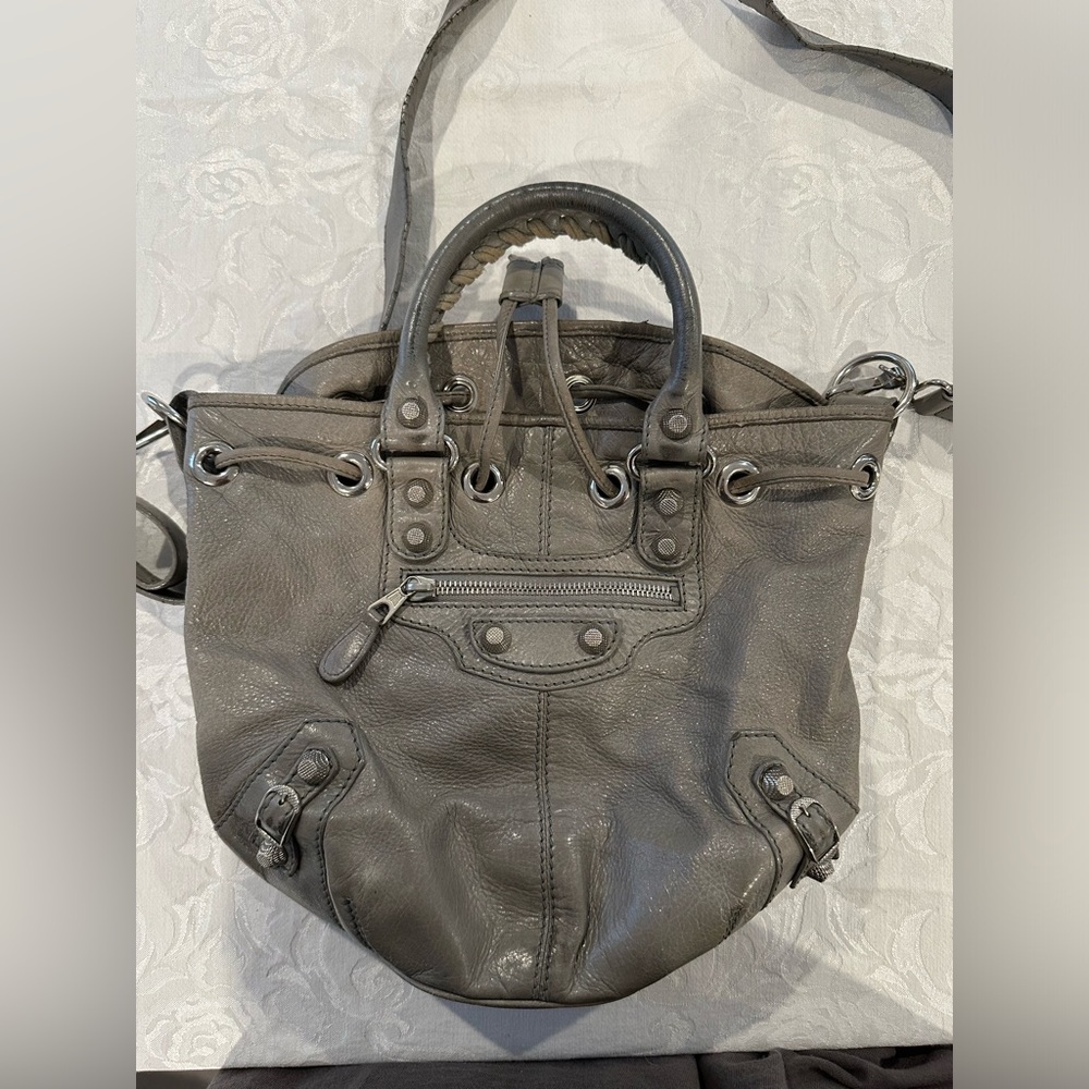 BALENCIAGA ash gray bucket tote with leather studding pompon city bag